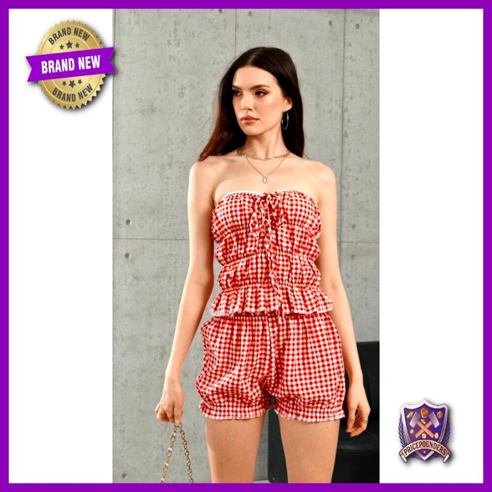 Plaid Gingham Ruffle Tube Top and Shorts Set Y2K Chic Party Outfit - Picture 6 of 6